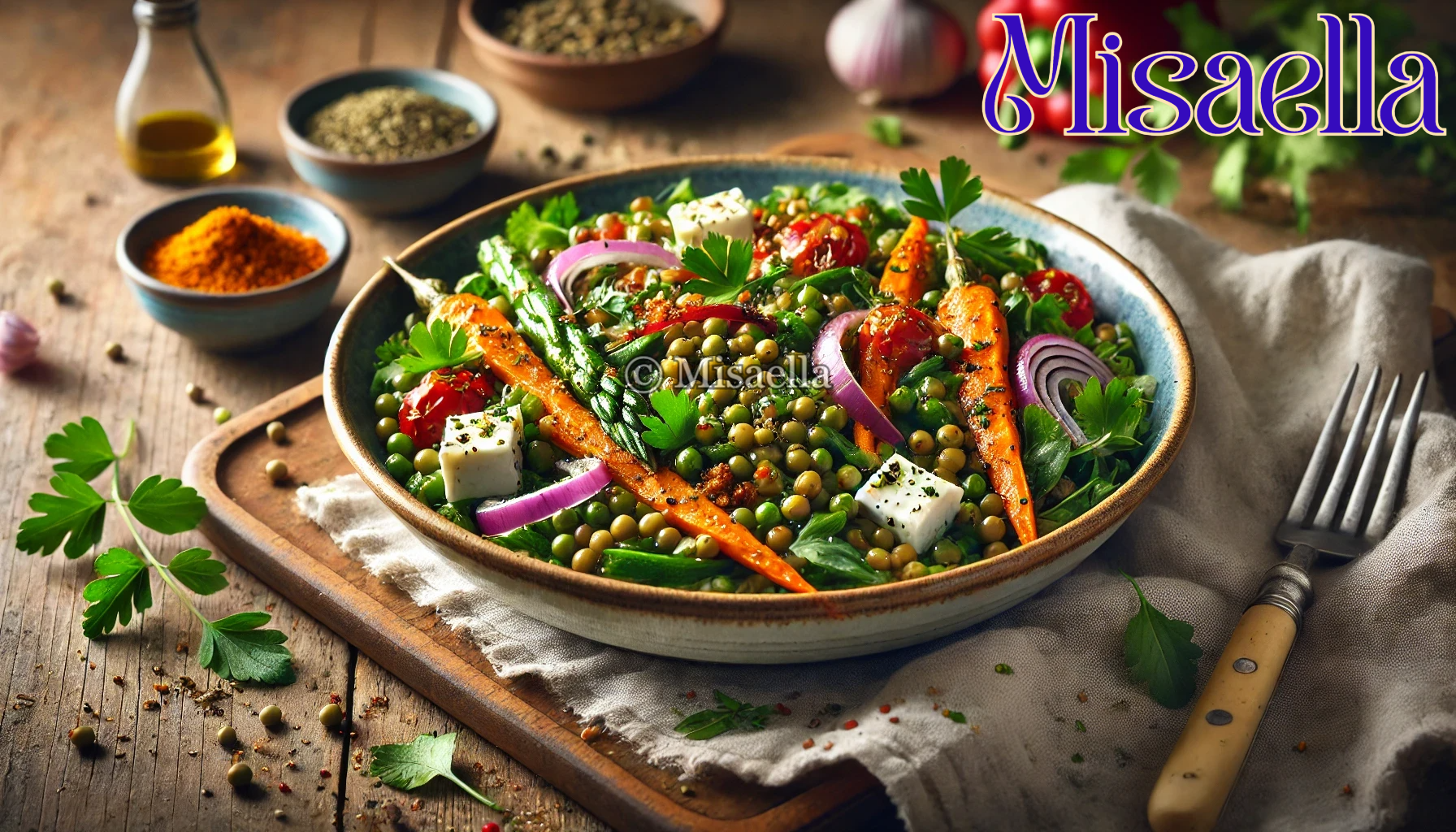 Salade de Lentilles vertes & légumes rôtis au Zaatar,Feta, herbes fraîches