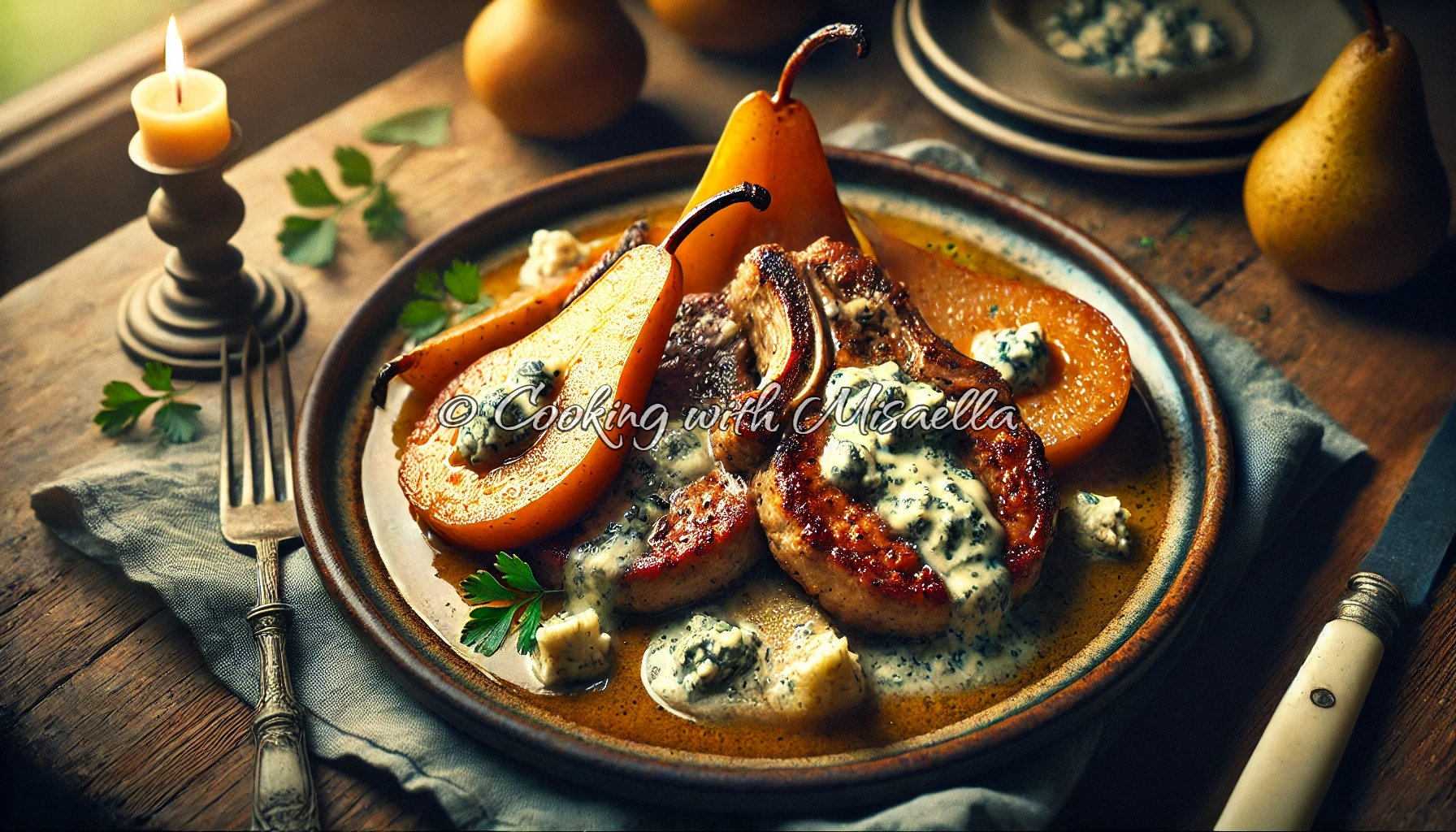 Recette des côtes de porc mijotées à la crème de roquefort et poire