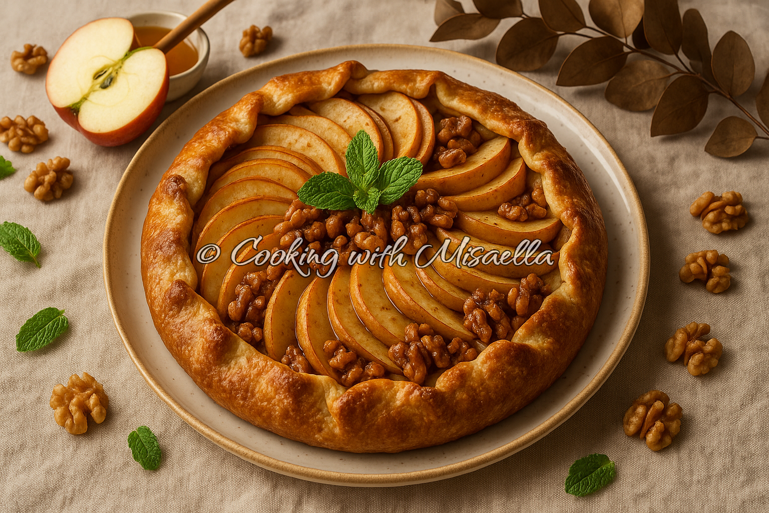 Tarte pommes–noix caramélisées (miel & cannelle)