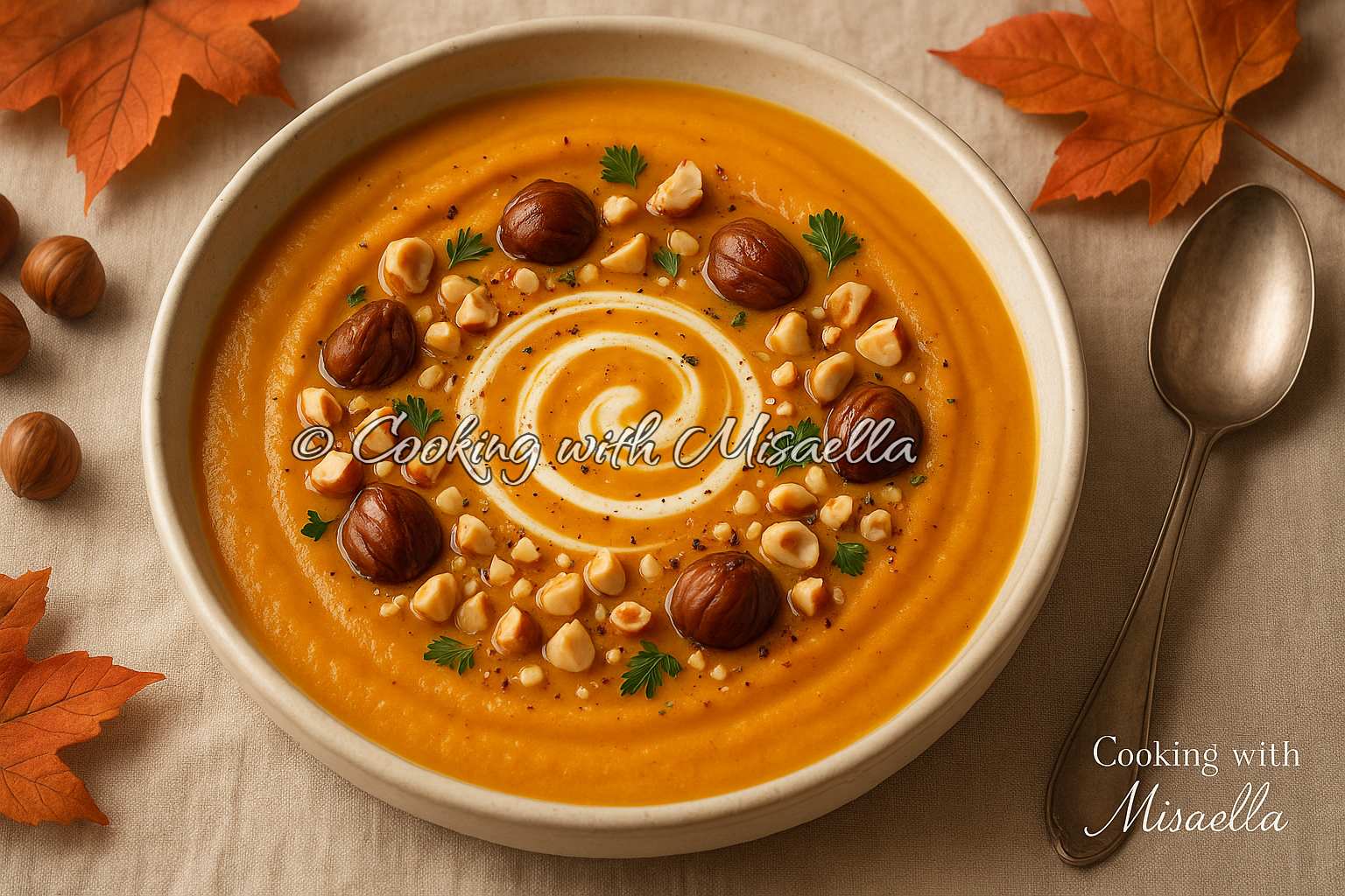 Velouté de potimarron rôti aux châtaignes et éclats de noisettes 🌰🍁